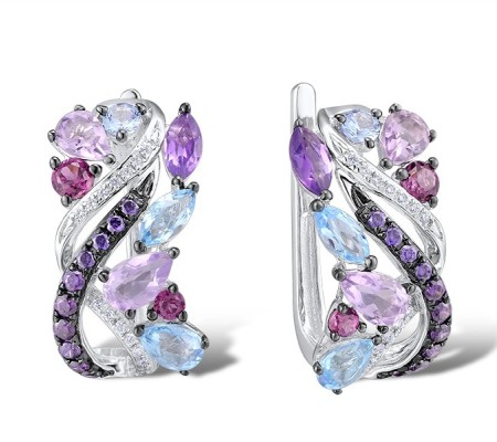 14KWB Earrings Amethyst,Blue Topaz (Swiss Blue),Diamond,Rhodolite Garnet (E313460MUL14KWB)