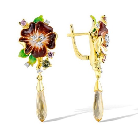 Sterling Silver w/ IONIC YELLOW PLATING Earrings Enamel,Green Nano Cubic Zirconia (Per,Rhodolite Garnet Cubic Zirconi,White Cubic Zirconia,Yellow Glass (E313611ENASP925)