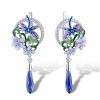 Sterling Silver Earrings White Cubic Zirconia,Blue Glass,Enamel (E313613ENASL925)