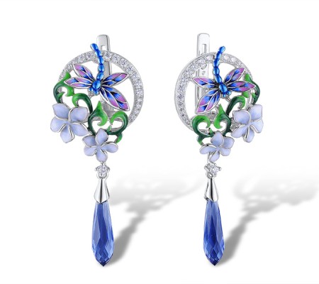 Sterling Silver Earrings White Cubic Zirconia,Blue Glass,Enamel (E313613ENASL925)
