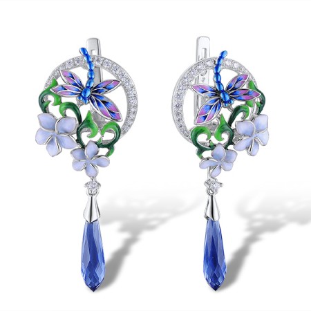 Sterling Silver Earrings White Cubic Zirconia,Blue Glass,Enamel (E313613ENASL925)
