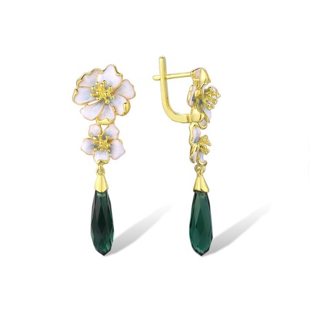 Sterling Silver w/ Yellow Plating Earrings Enamel,Green Glass (E313614ENASY925)