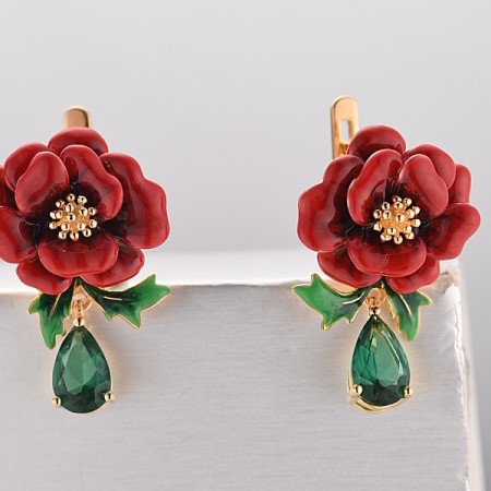 Sterling Silver w/ Yellow Plating Earrings Enamel,Green Glass (E313617AENASY925)