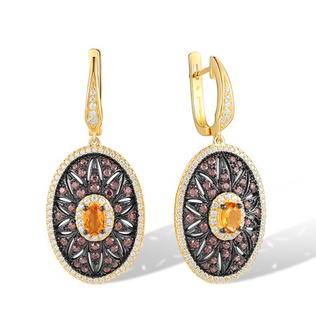  Sterling Silver w/ Yellow Black Plating Earrings Chocolate CZ,White Cubic Zirconia,Yellow Glass (E313658YGHZSC925)