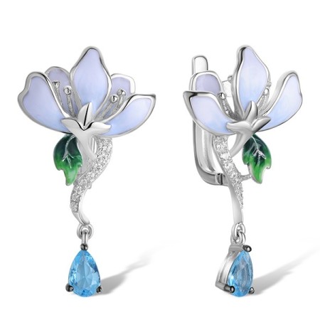 Sterling Silver w/ Black White Plating Earrings Blue Glass,Enamel,White Cubic Zirconia (E313728ENASK925)