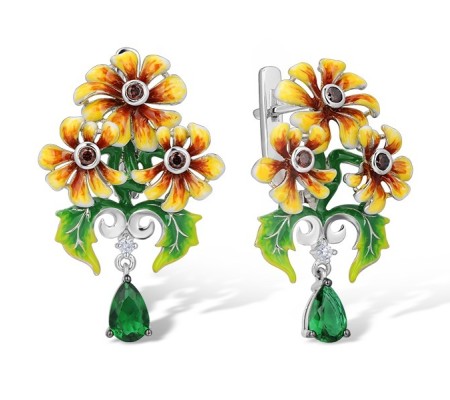 Sterling Silver w/ Black White Plating Earrings Chocolate CZ,Enamel,Green Glass,White Cubic Zirconia (E313731ENASK925)