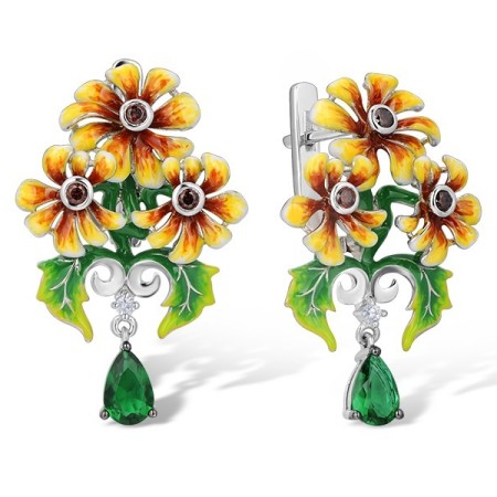 Sterling Silver w/ Black White Plating Earrings Chocolate CZ,Enamel,Green Glass,White Cubic Zirconia (E313731ENASK925)