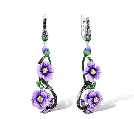 Sterling Silver w/ Yellow Black White Plating Earrings Amethyst Cubic Zirconia,Black spinel,Enamel (E313930ENASZ925)
