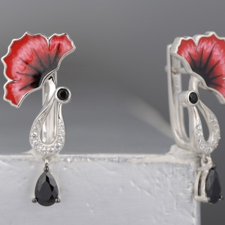 Sterling Silver w/ Black White Plating Earrings Black spinel,Enamel,White Cubic Zirconia (E313933ENASK925)