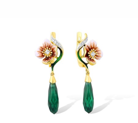 Sterling Silver w/ IONIC YELLOW PLATING Earrings Enamel,Green Glass,White Cubic Zirconia (E313935ENASP925)
