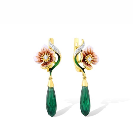 Sterling Silver w/ IONIC YELLOW PLATING Earrings Enamel,Green Glass,White Cubic Zirconia (E313935ENASP925)
