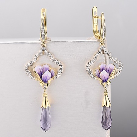 Sterling Silver w/ IONIC YELLOW PLATING Earrings Enamel,Purple Glass,White Cubic Zirconia (E313939ENASP925)