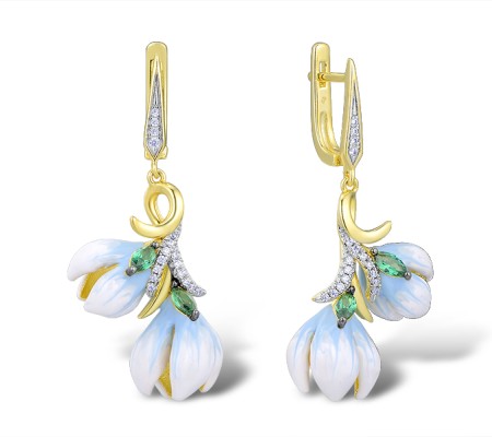 Sterling Silver w/ Yellow Black White Plating Earrings White Cubic Zirconia,Enamel,Green Spinel (E313943ENASZ925)