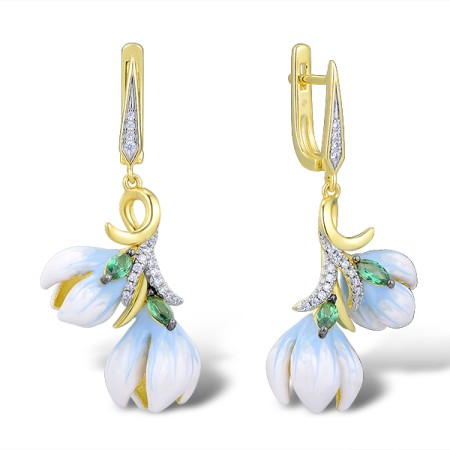 Sterling Silver w/ Yellow Black White Plating Earrings White Cubic Zirconia,Enamel,Green Spinel (E313943ENASZ925)