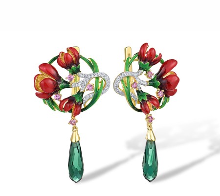 Sterling Silver w/ IONIC YELLOW PLATING Earrings Created Pink Sapphire,Enamel,Green Glass,White Cubic Zirconia (E313945ENASP925)