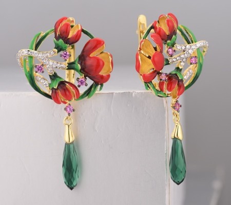 Sterling Silver w/ Yellow Black White Plating Earrings Created Pink Sapphire,Enamel,Green Glass,White Cubic Zirconia (E313945ENASZ925)