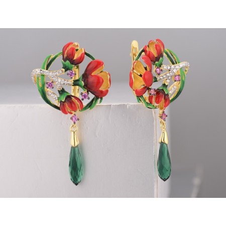 Sterling Silver w/ Yellow Black White Plating Earrings Created Pink Sapphire,Enamel,Green Glass,White Cubic Zirconia (E313945ENASZ925)