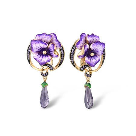 Sterling Silver w/ Yellow Black Plating Earrings Purple Glass,Amethyst Cubic Zirconia,Enamel (E313946ENASC925)