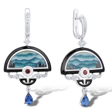 Sterling Silver w/ Black White Plating Earrings Blue Spinel,Enamel,Red Nano Crystal,White Cubic Zirconia (E314009ENASK925)