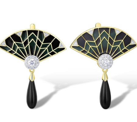 Sterling Silver w/ IONIC YELLOW PLATING Earrings Black Glass,Enamel,White Cubic Zirconia (E314053ENASP925)