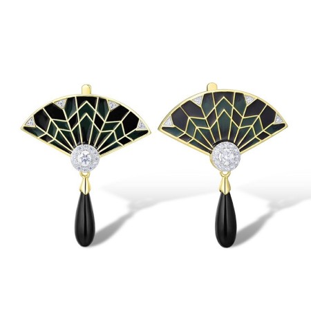 Sterling Silver w/ IONIC YELLOW PLATING Earrings Black Glass,Enamel,White Cubic Zirconia (E314053ENASP925)