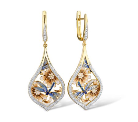 Sterling Silver w/ IONIC YELLOW PLATING Earrings Enamel,White Cubic Zirconia (E314121ENASP925)