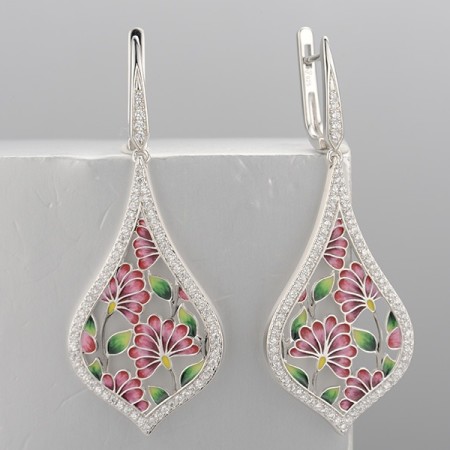 Sterling Silver w/ Black White Plating Earrings Enamel,White Cubic Zirconia (E314127ENASK925)
