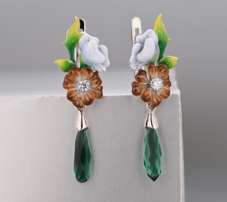 Sterling Silver Earrings Enamel,Green Glass,White Cubic Zirconia (E314128ENASL925)
