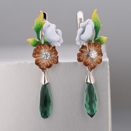 Sterling Silver Earrings Enamel,Green Glass,White Cubic Zirconia (E314128ENASL925)