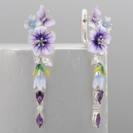 Sterling Silver w/ Black White Plating Earrings Created Purple Nano Spinel,Enamel,White Cubic Zirconia (E314129ENASK925)