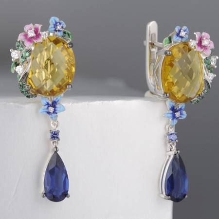 Sterling Silver w/ Black White Plating Earrings Blue Glass,Blue Nano Cubic Zirconia,Enamel,Green Spinel,White Cubic Zirconia,Yellow Glass (E314130ENASK925)