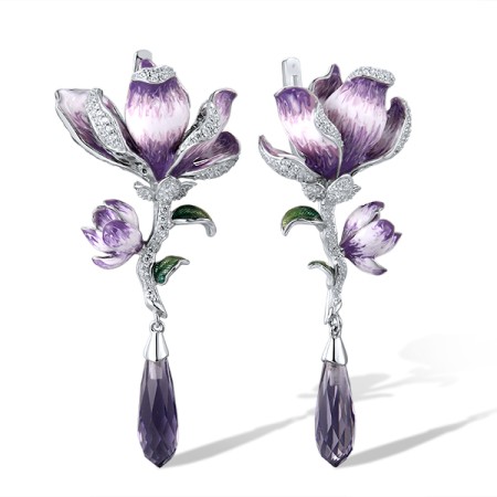 Sterling Silver Earrings Enamel,Purple Glass,White Cubic Zirconia (E314183ENASL925)