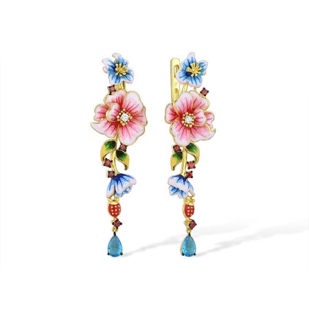 Sterling Silver w/ Yellow Black Plating Earrings Blue Glass,Enamel,Garnet Cubic Zirconia,White Cubic Zirconia (E314390ENASC925)