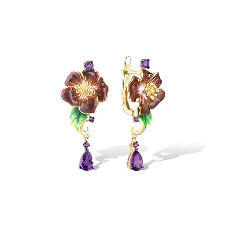 Sterling Silver w/ Yellow Black Plating Earrings Amethyst Cubic Zirconia,Enamel,Purple Glass (E314394AENASC925)
