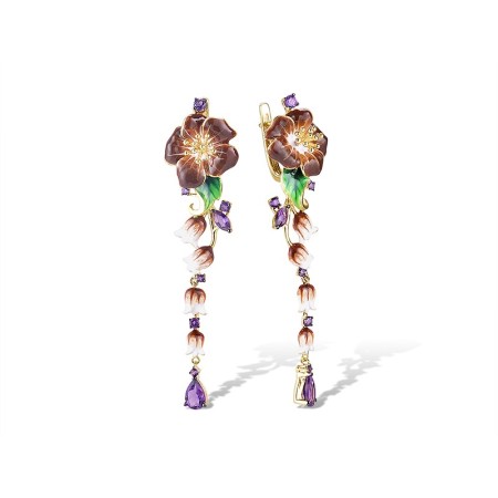 Sterling Silver w/ Yellow Black Plating Earrings Amethyst Cubic Zirconia,Enamel,Purple Glass (E314394ENASC925)