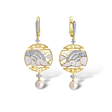 Sterling Silver w/ IONIC YELLOW PLATING Earrings Enamel,Fresh Water White Pearl,Sky Blue Cubic Zirconia,White Cubic Zirconia (E314522ENASP925)