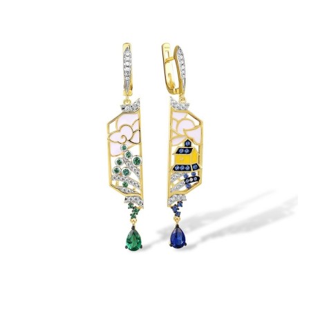 Sterling Silver w/ Yellow Black White Plating Earrings Blue Nano Cubic Zirconia,Enamel,Green Spinel,White Cubic Zirconia (E314523ENASZ925)