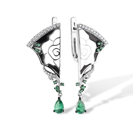 Sterling Silver w/ Black White Plating Earrings Enamel,Green Spinel,White Cubic Zirconia (E314525ENASK925)
