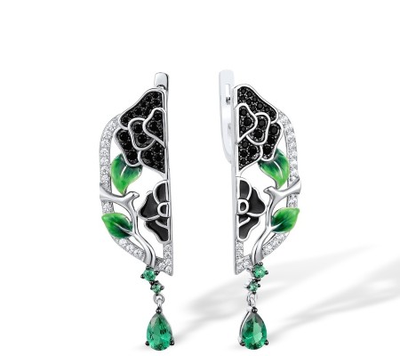 Sterling Silver w/ Black White Plating Earrings Black spinel,Enamel,Green Spinel,White Cubic Zirconia (E314526ENASK925)
