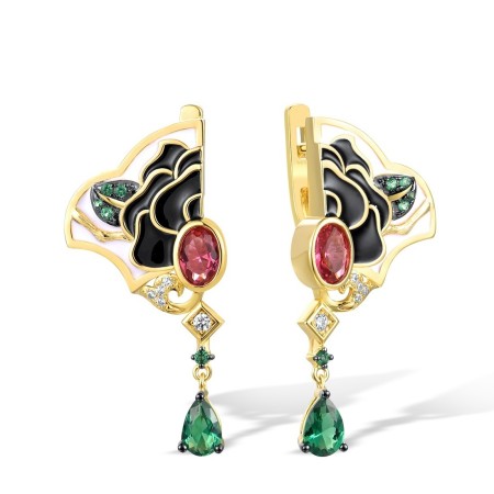 Sterling Silver w/ Yellow Black Plating Earrings Enamel,Green Spinel,Pink Glass,White Cubic Zirconia (E314527ENASC925)