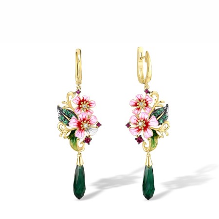 Sterling Silver w/ Yellow Black Plating Earrings Created Ruby,Enamel,Green Glass,Green Spinel,White Cubic Zirconia (E314955ENASC925)