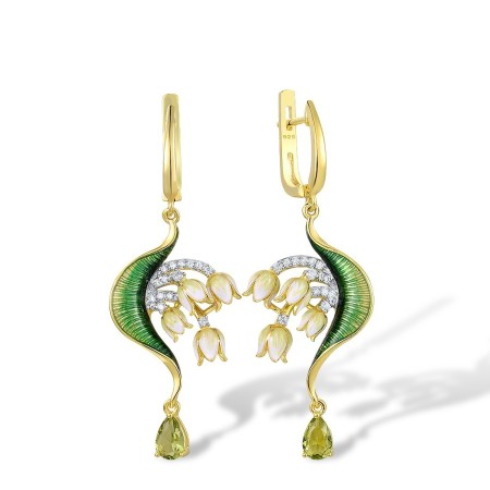 Sterling Silver w/ IONIC YELLOW PLATING Earrings Enamel,Green Glass,White Cubic Zirconia (E314956ENASP925)