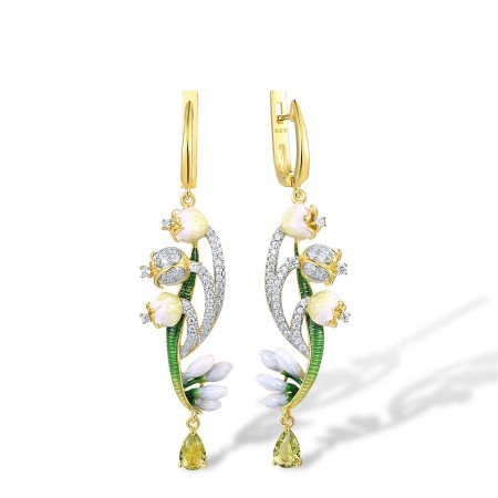 Sterling Silver w/ IONIC YELLOW PLATING Earrings Enamel,Green Glass,White Cubic Zirconia (E314958ENASP925)