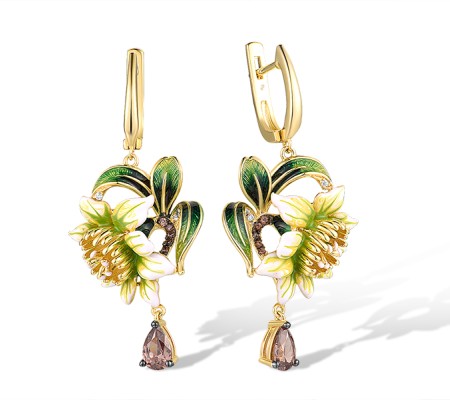 Sterling Silver w/ Yellow Black Plating Earrings Chocolate CZ,Enamel,White Cubic Zirconia (E314965ENASC925)