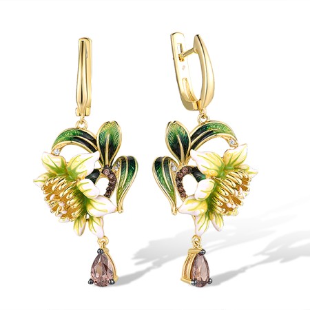 Sterling Silver w/ Yellow Black Plating Earrings Chocolate CZ,Enamel,White Cubic Zirconia (E314965ENASC925)