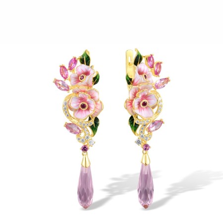 Sterling Silver w/ Yellow Plating Earrings Created Pink Sapphire,Created Ruby,Enamel,Pink Glass,White Cubic Zirconia (E314966ENA1SY925)