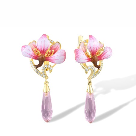 Sterling Silver w/ Yellow Plating Earrings Enamel,Pink Glass,White Cubic Zirconia (E314972ENA1SY925)