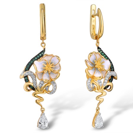 Sterling Silver w/ Yellow Black White Plating Earrings Enamel,Green Spinel,White Cubic Zirconia (E314974ENASZ925)