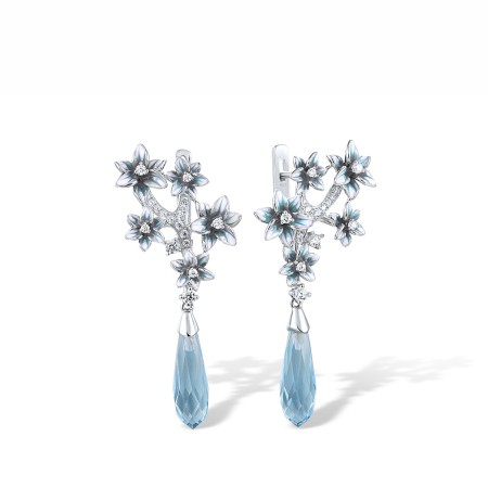 Sterling Silver Earrings Blue Glass,Enamel,White Cubic Zirconia (E314975ENA1SL925)