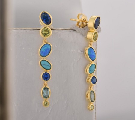 Sterling Silver w/ Yellow Plating Earrings Blue Spinel,Created Blue Opal,Created Blue Turquoise,Green Nano Cubic Zirconia (Per (E315048MULSY925)